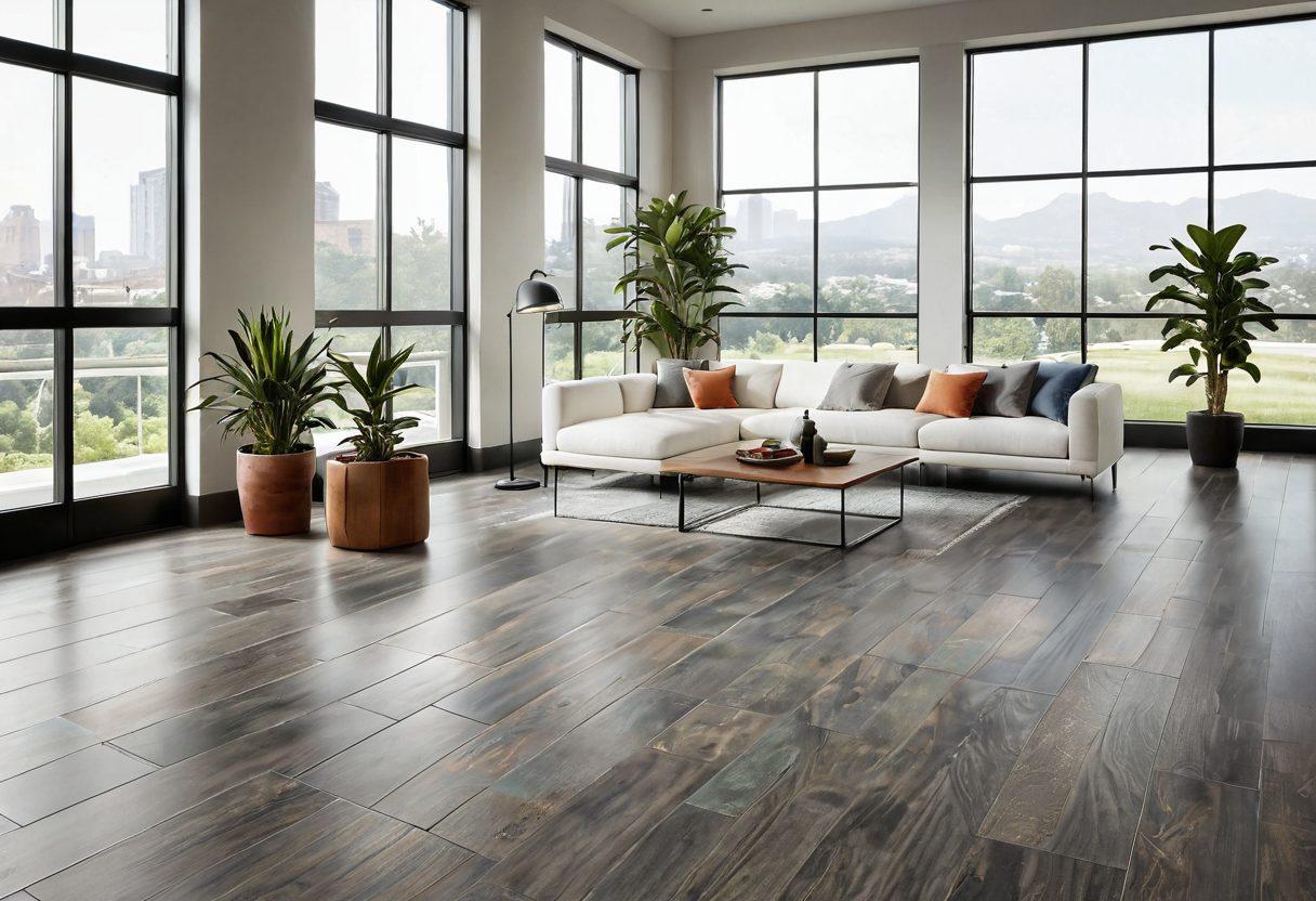 A beautifully designed modern room showcasing sustainable flooring options, featuring Mohawk's innovative wood and tile designs. Incorporate natural light streaming through large windows, highlighting the textures and colors of the eco-friendly materials. Add stylish furniture and indoor plants to create a harmonious environment emphasizing sustainability. super-realistic. vibrant colors. minimalistic aesthetic.