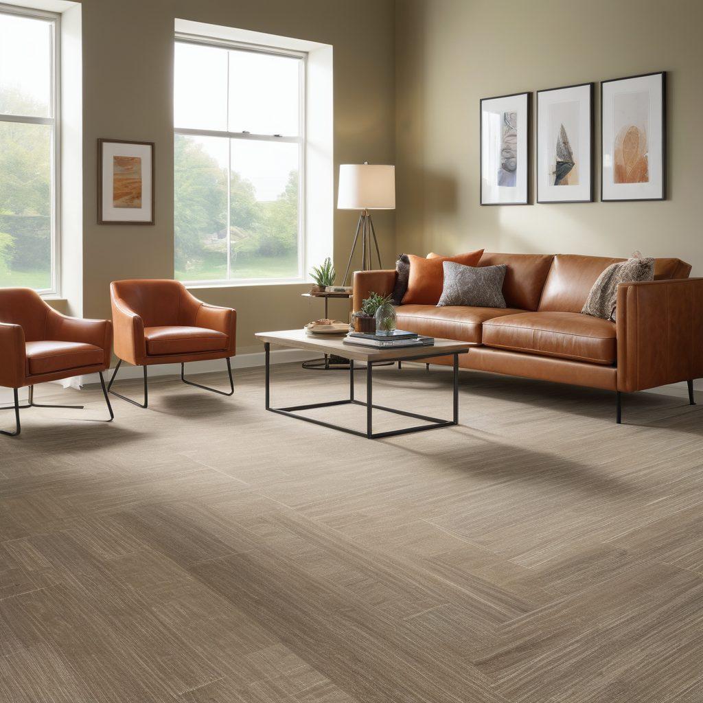 A beautifully designed interior space showcasing Mohawk flooring in various styles, highlighting rich textures and colors. Include a cozy living room and a modern office area, demonstrating versatility for both home and commercial settings. Add stylish furniture, decorative items, and natural light streaming through large windows for an inviting atmosphere. Emphasize a clean layout to illustrate transformation options. super-realistic. vibrant colors. modern aesthetic.